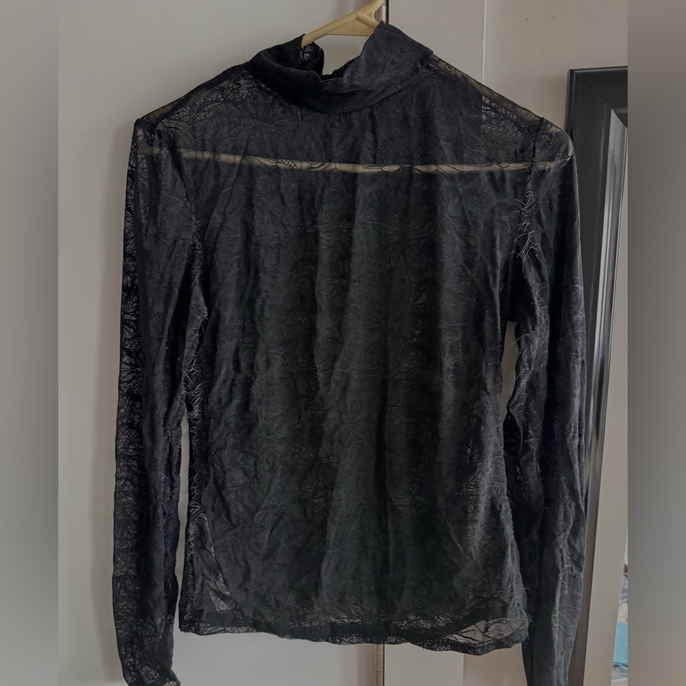 Mango MNG Sheer Black Lace Turtleneck Top – Fitted Mesh Long Sleeve – Size M